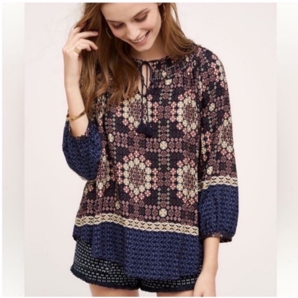Anthropologie Mosaic Blouse in Blue and Cream